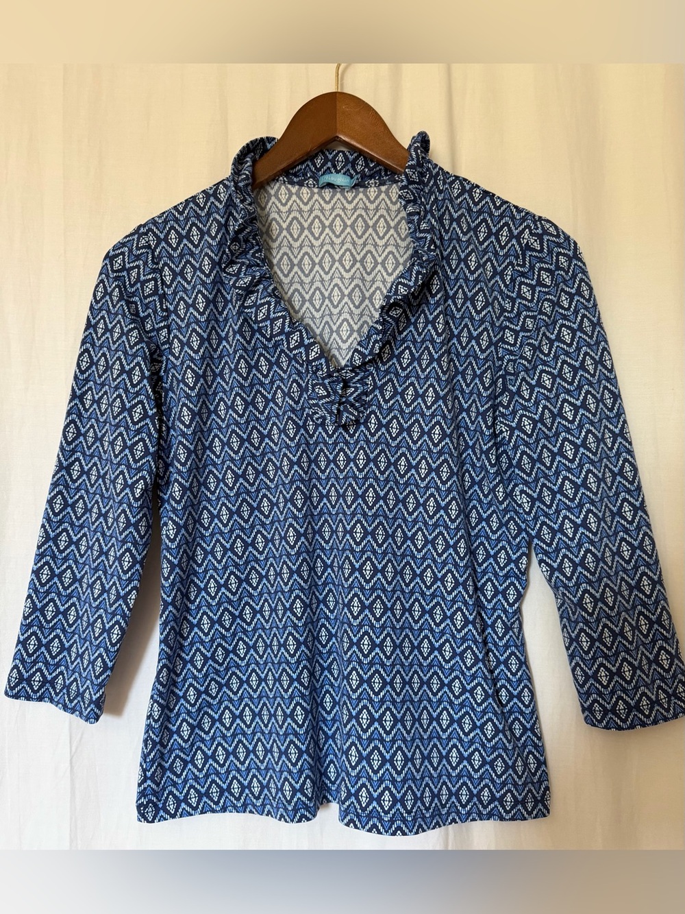 J. McLaughlin Blue Geometric Ruffle V Neck Blouse Top - Blue - Sz S